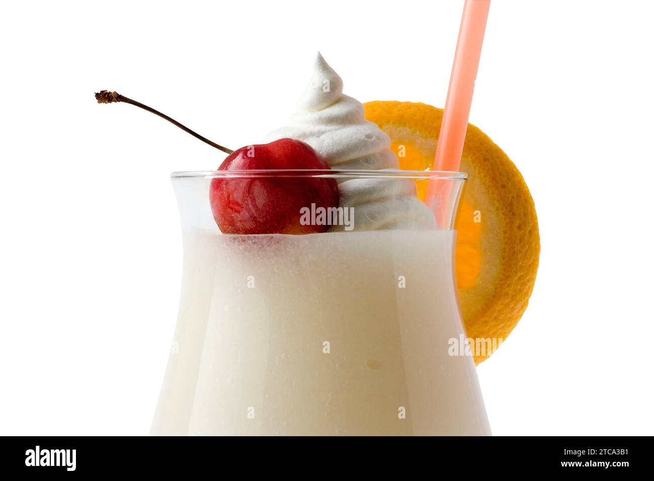 Pina Colada mixed drink with fruit garnish on white background Stock Photo