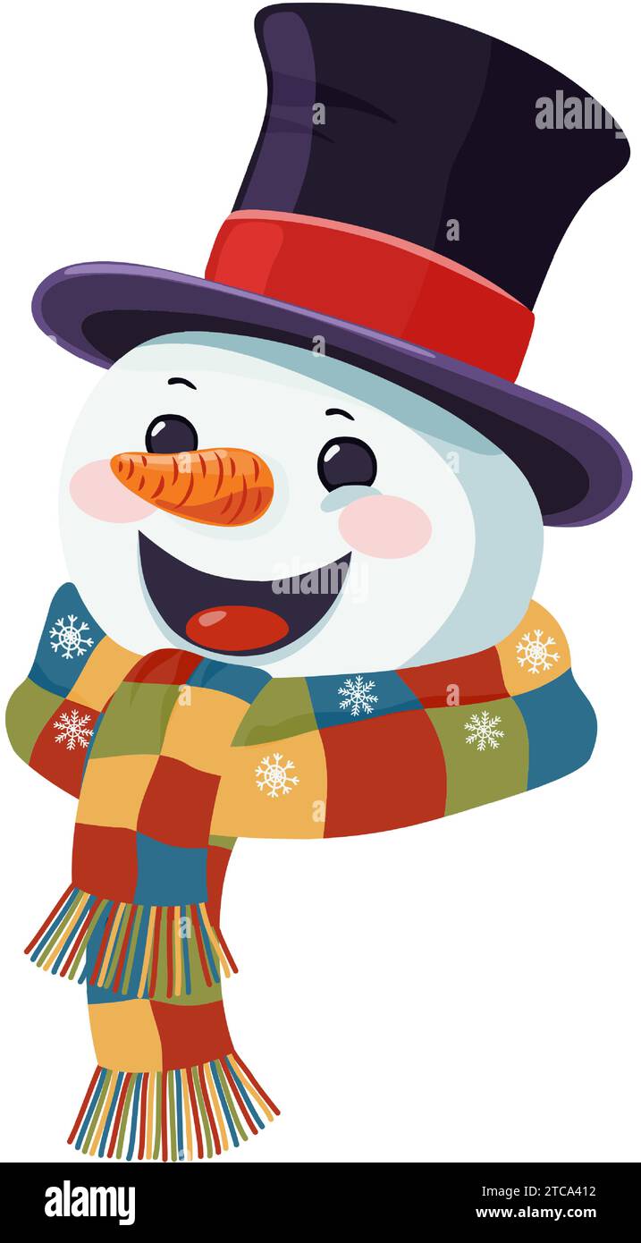 Portrait of a cute cheerful snowman in a top hat and a warm scarf. Traditional character, symbol of Christmas and New Year. Cartoon style. Vector illu Stock Vector
