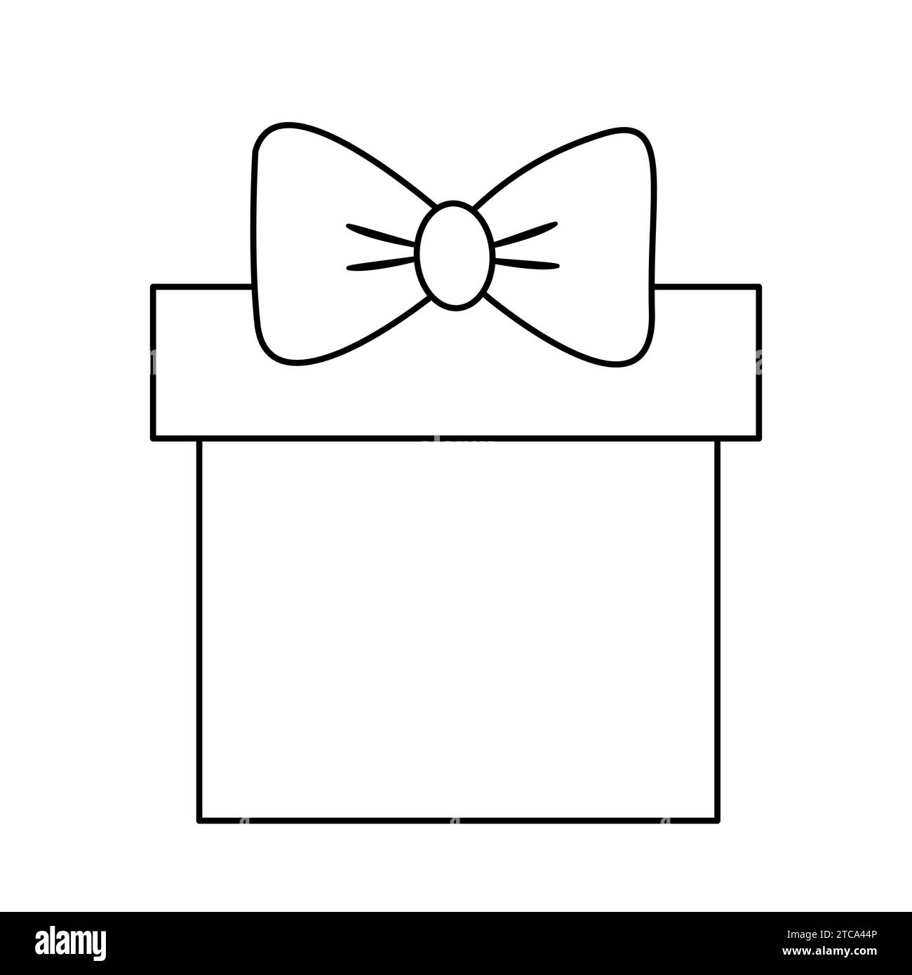 Gift box with big ribbon bow, doodle style flat vector outline illustration for kids coloring book Stock Vector