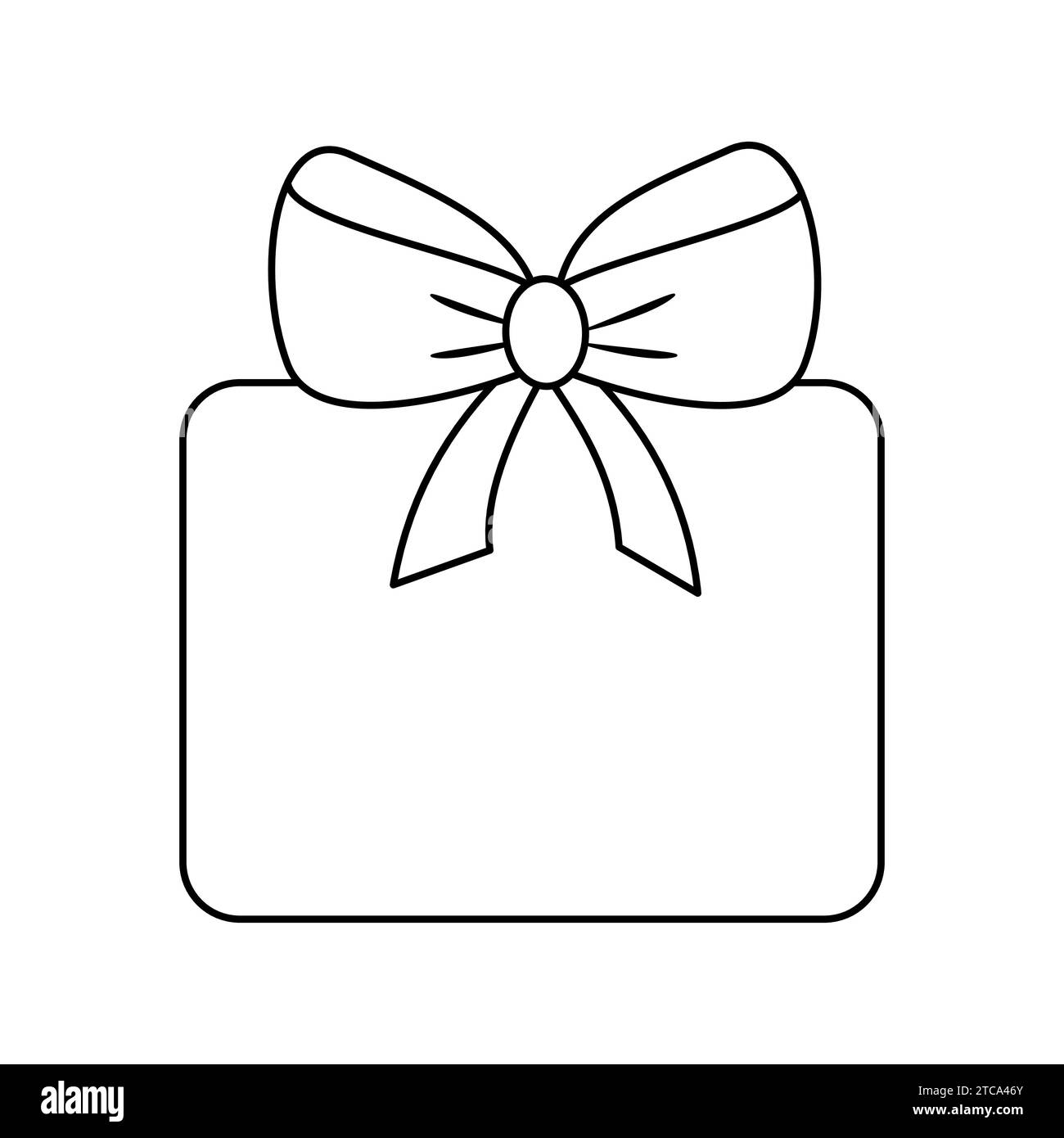 Square wrapped gift box with big ribbon bow, doodle style flat vector outline illustration for kids coloring book Stock Vector