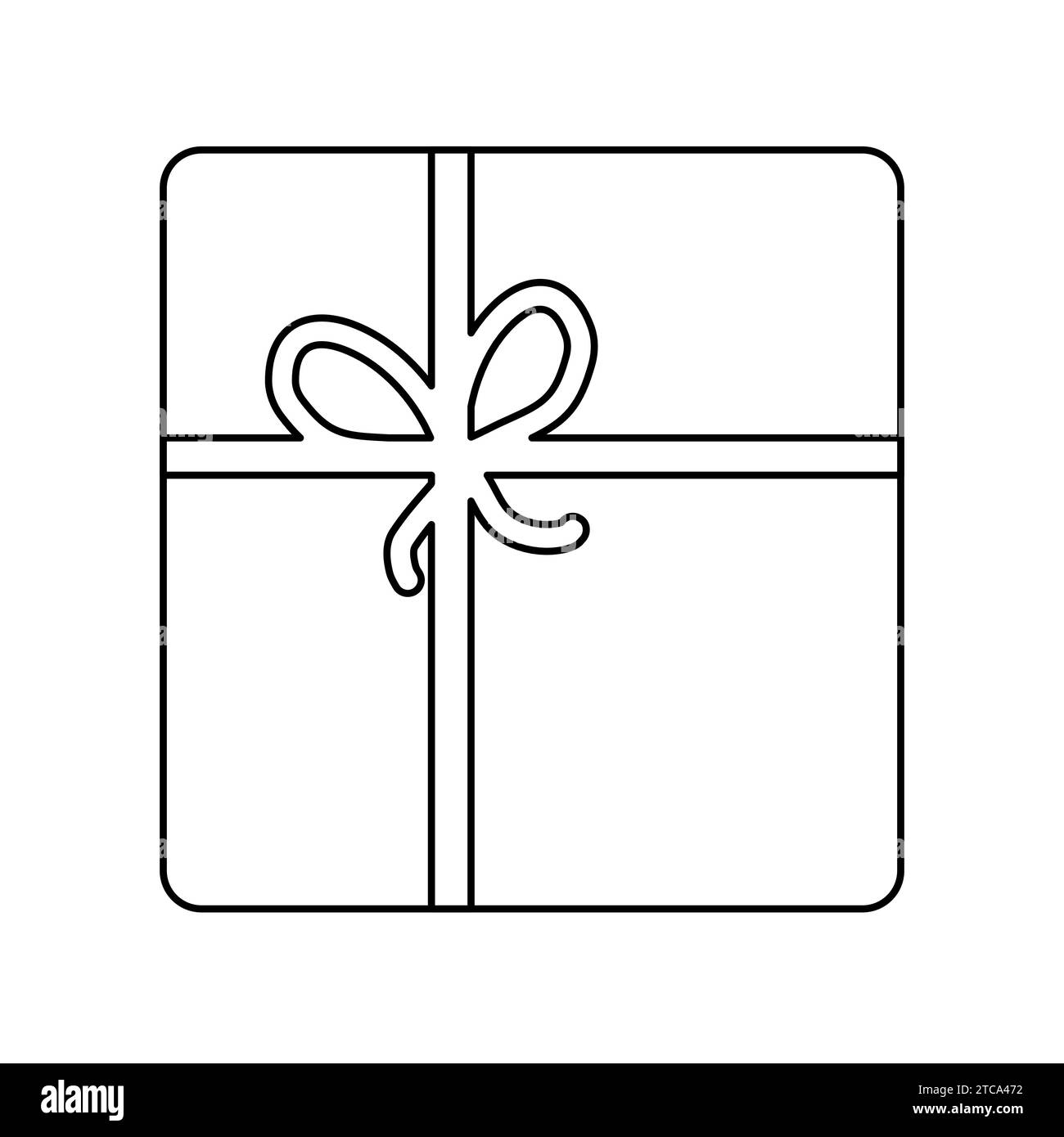 Square gift box wrapped in green paper tied with rope, doodle style flat vector outline illustration for kids coloring book Stock Vector