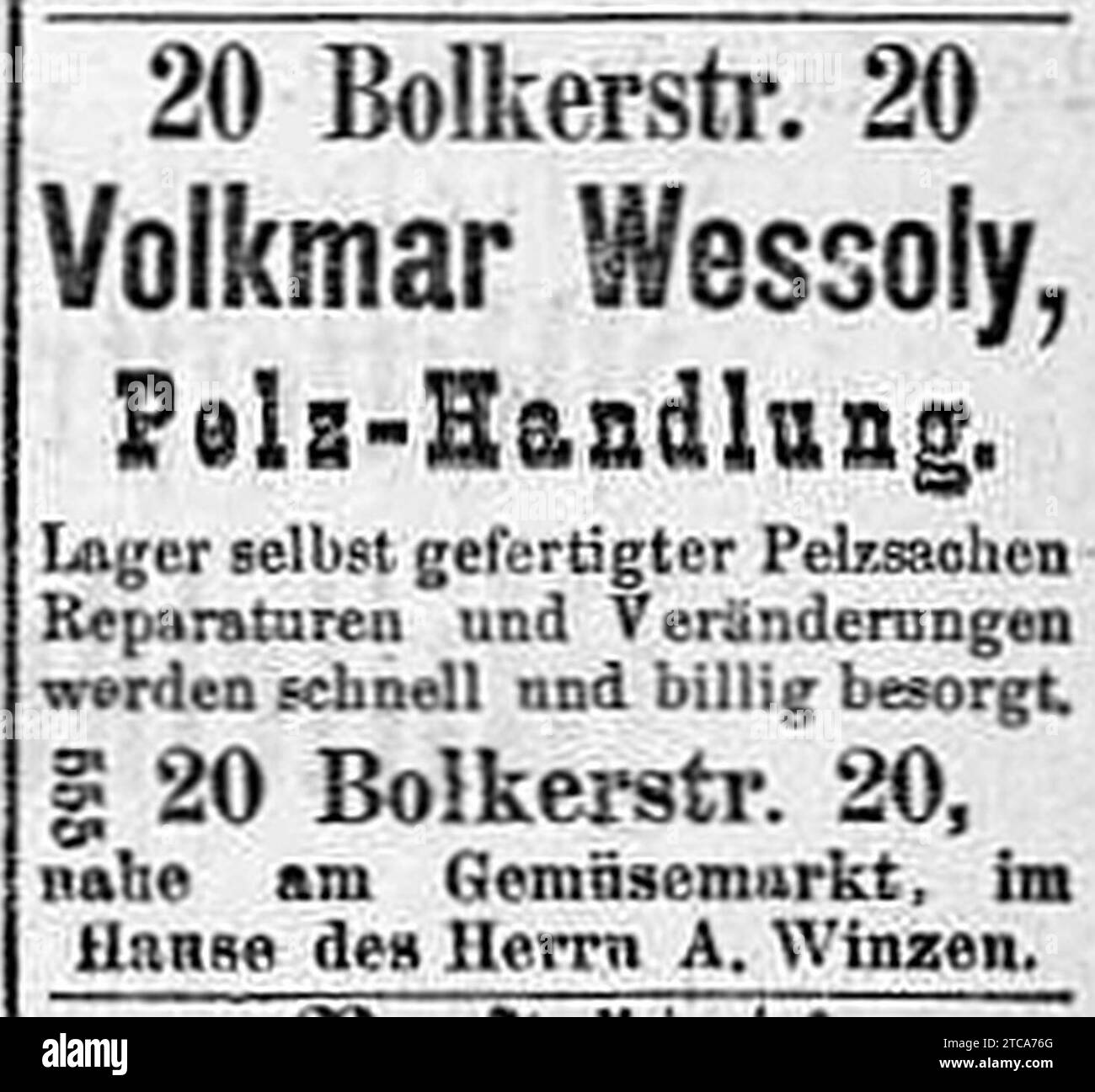 Pelz-Handlung Volkmar Wessoly, Düsseldorf (Anzeige Düsseldorfer Volksblatt 5.11.1875 (No. 295). Stock Photo