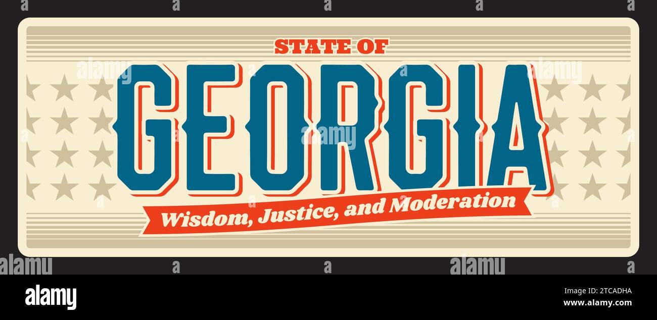 Georgia vintage travel plate, retro signboard, touristic landmark plaque. Vector sign for travel destination. Retro board with wisdom, justice, moderation lettering, antique signboard Stock Vector