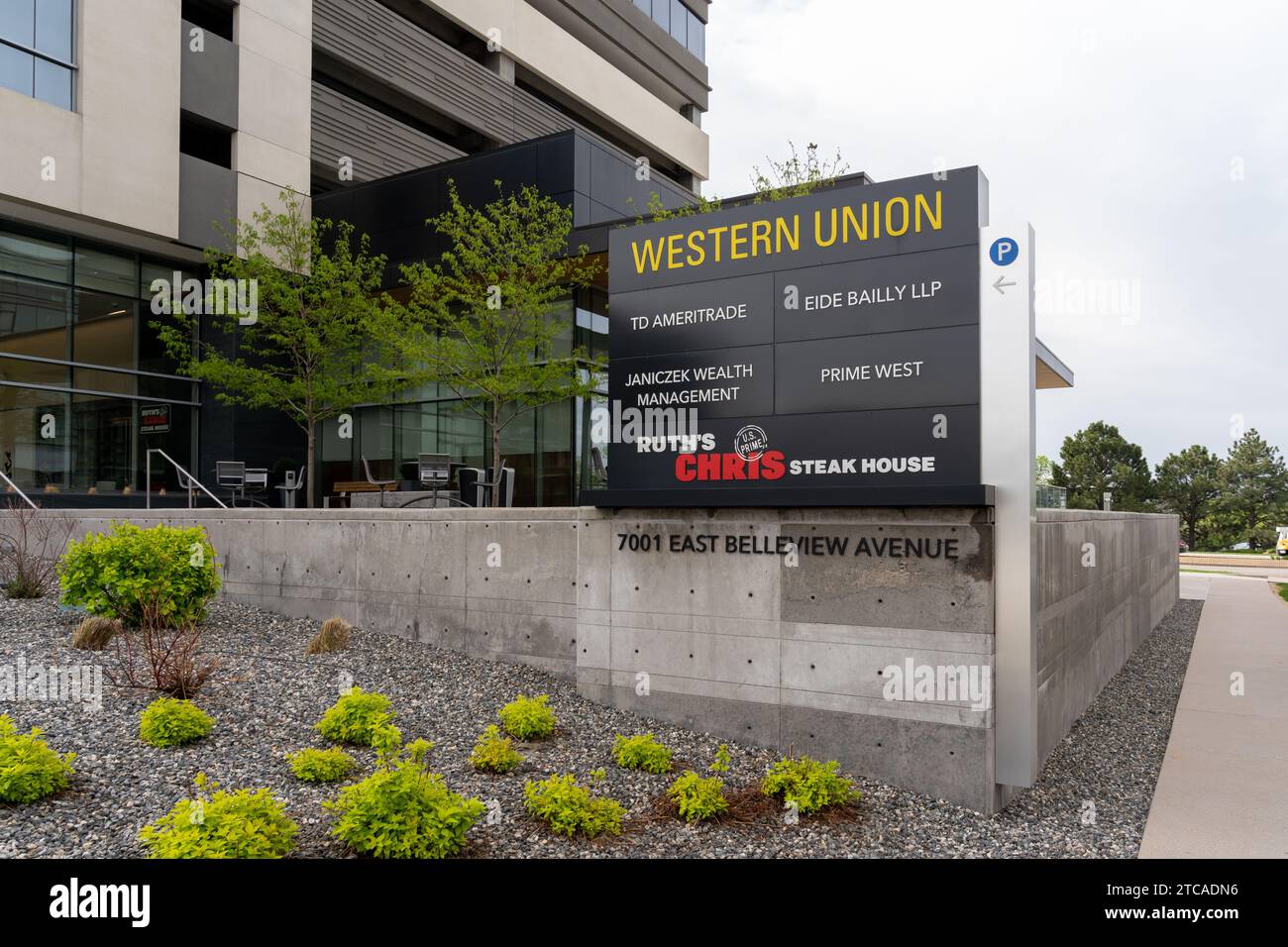 Western Union’s sign outside their Headquarters in Denver, Colorado, USA Stock Photo