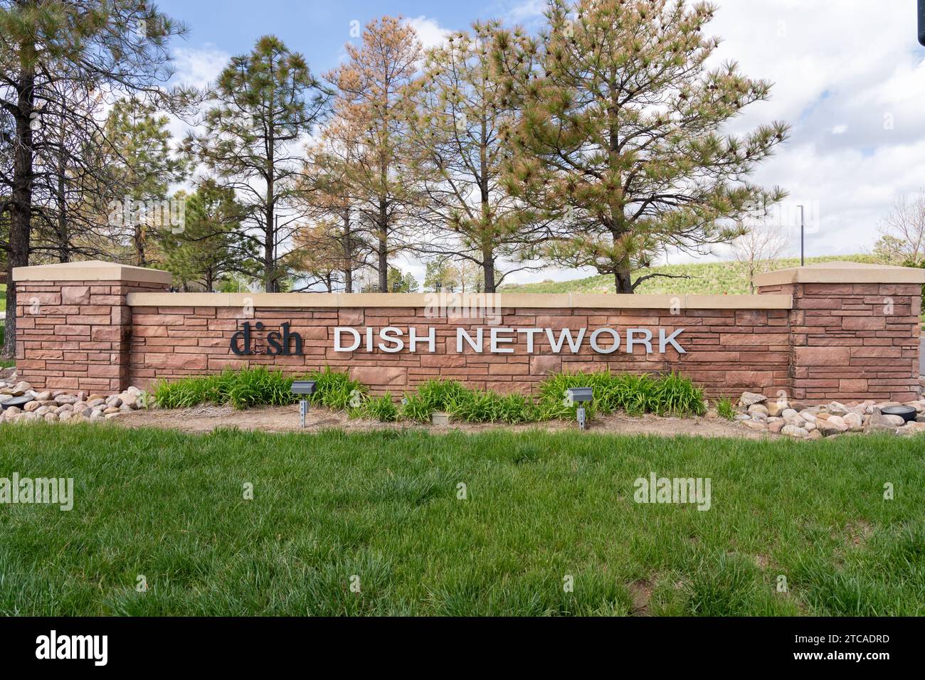 Dish Network ground sign at the headquarters campus in Englewood, USA