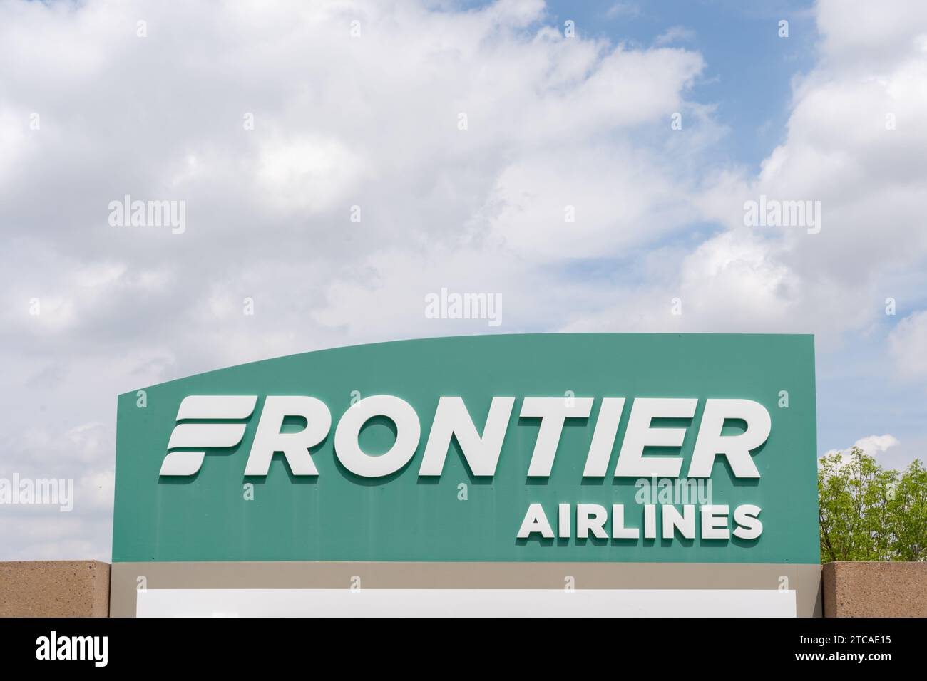 The Frontier Airlines logo sign at the company's headquarters in Denver
