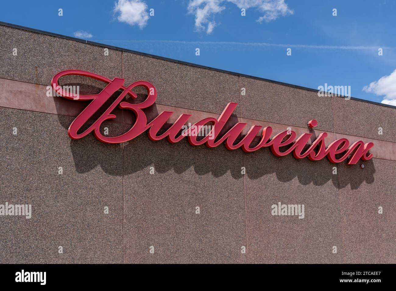 Close up of the Budweiser logo sign on the building. Colorado, USA Stock Photo