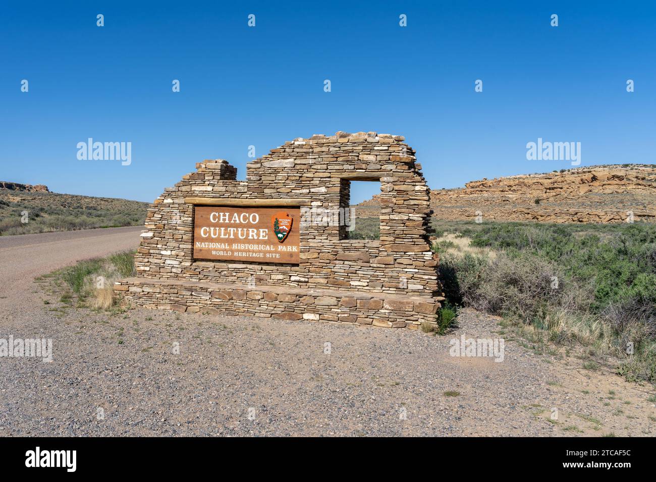 The entrance sign of Chaco Culture National Historical Park in New Mexico, USA, Stock Photo