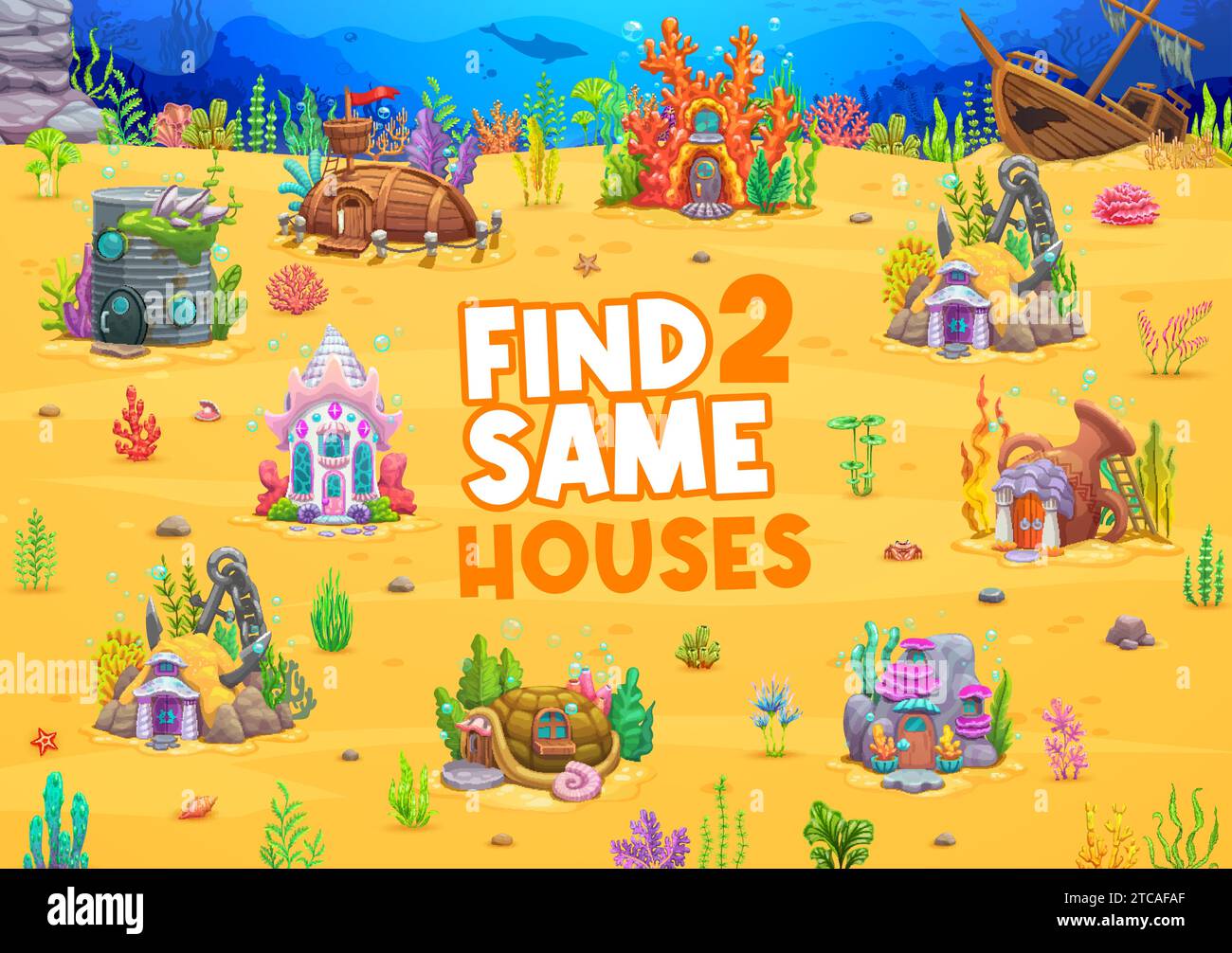Find two same house buildings on sea underwater landscape, vector game