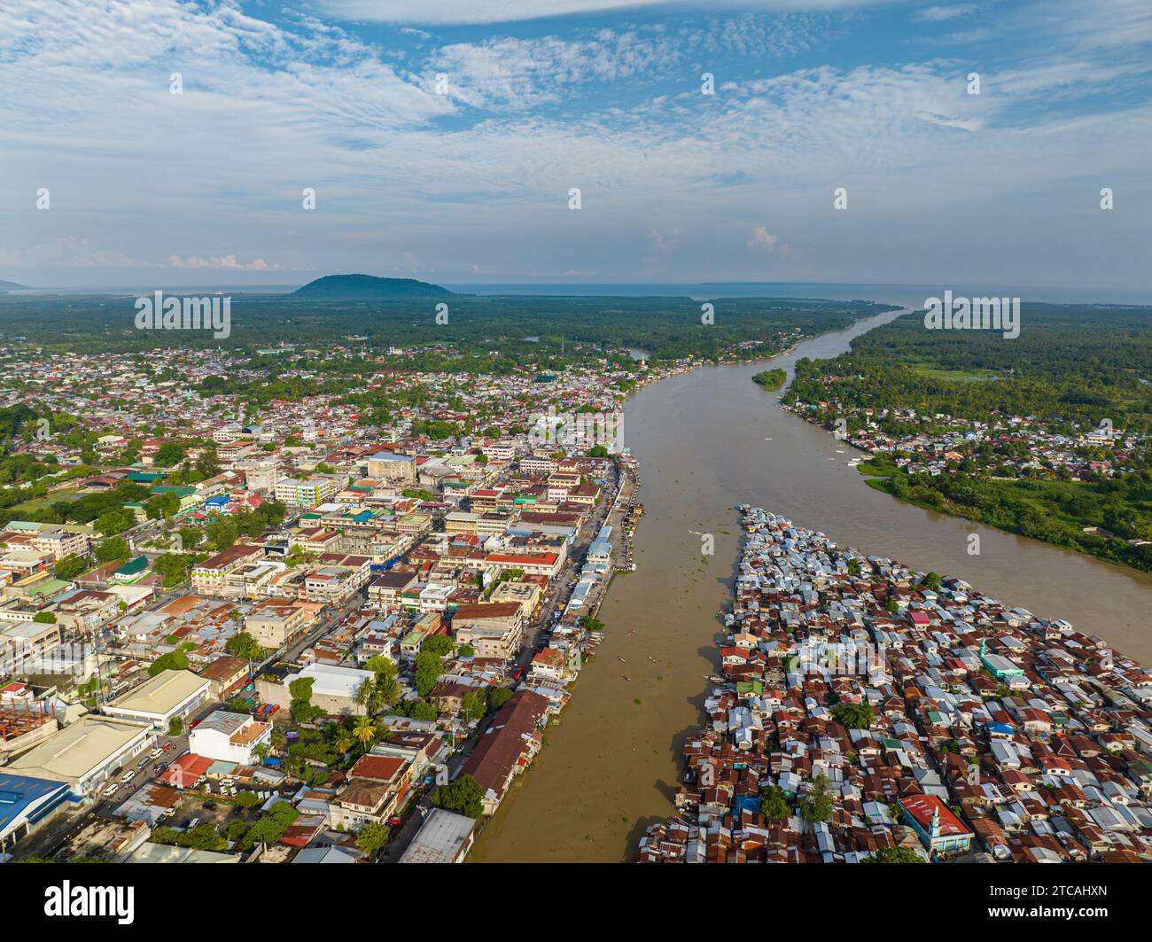 Birds eye view of Independent Urban City and river in Mindanao. Cotabato City, Philippines. Cityscape. Stock Photo