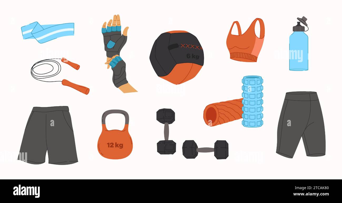 Vector workout objects set. Gym equipment flat design. Collection on sport theme. Ideal for sport guide Stock Vector