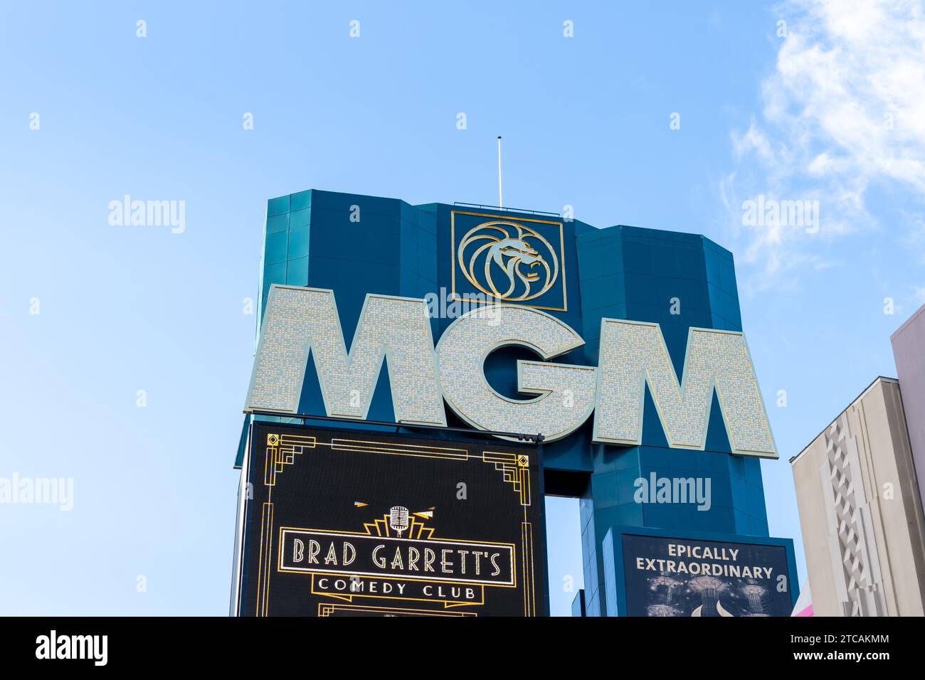 Close up of MGM sign is shown at MGM Grand Hotel on the Strip of Las Vegas, Nevada, United States Stock Photo