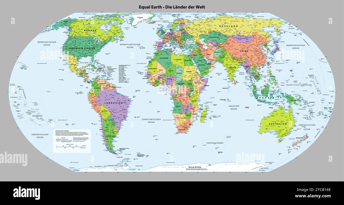 German language Political map of the world Equal earth projection Stock