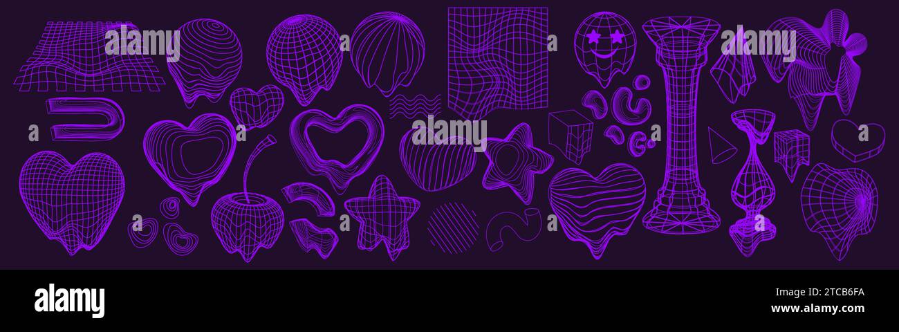 Y2k white purple abstract grid shape. Vector illustration set of bright 3D wireframe geometric forms and symbols. Retro futuristic elements and simple wire figures in 2000s and brutalism style design. Stock Vector