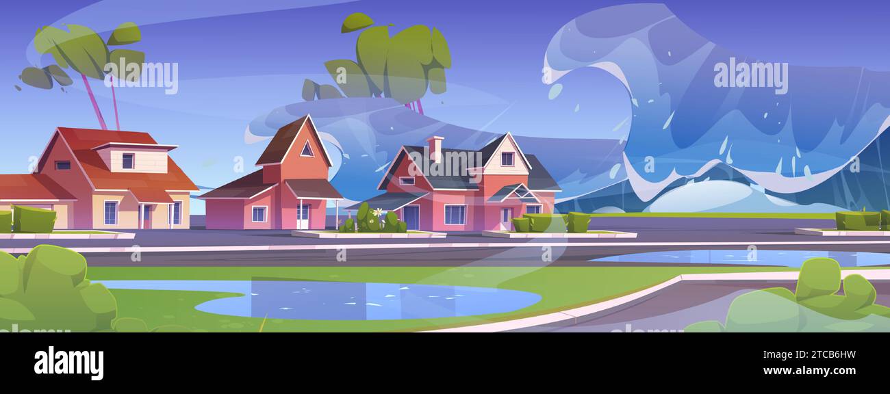 Giant tsunami wave covers ocean or sea coast with private houses, roads and trees. Cartoon vector of summer landscape with destructive natural disaster. Water catastrophe caused by powerful earthquake Stock Vector