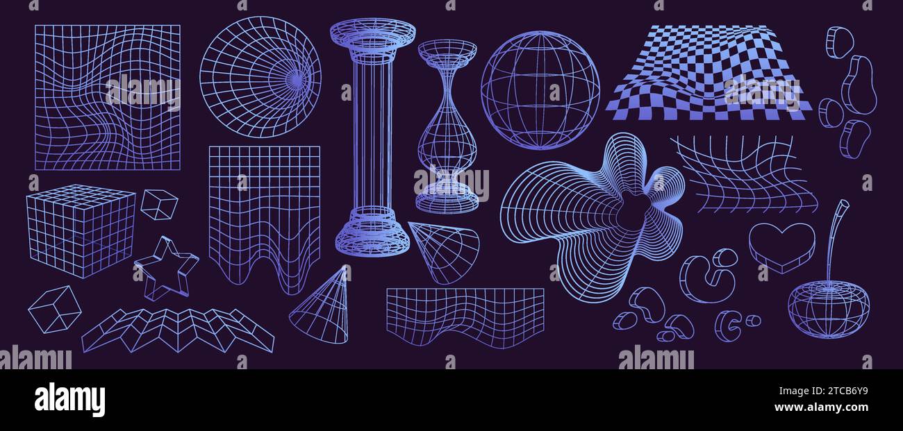 Abstract wireframe shapes set isolated on background. Vector illustration of 3D grid geometric icons, y2k mesh cube, globe, heart, cherry, pillar, star, cone, landscape structure, cyber space elements Stock Vector