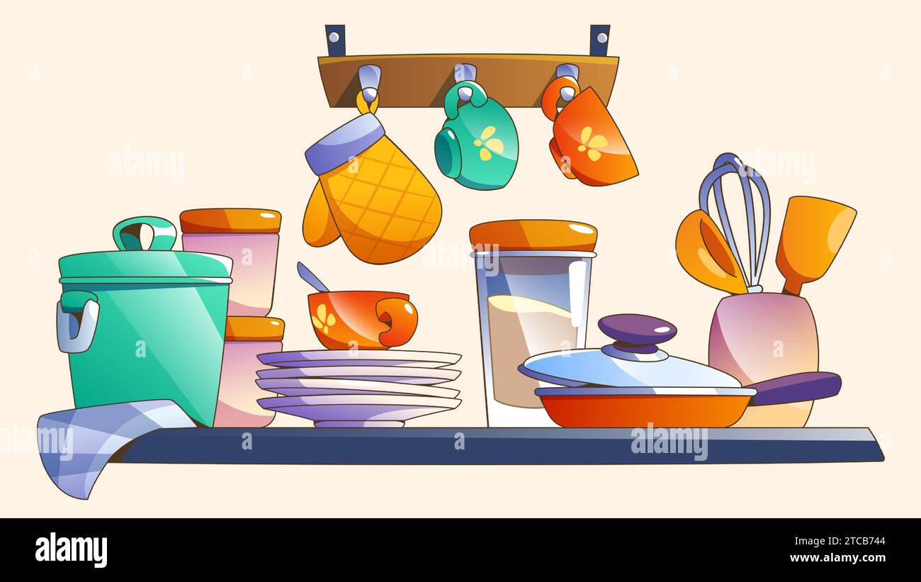 Cartoon kitchen shelf with standing and hanging utensil for cooking and dinning. Vector illustration setup with kitchenware - frying pan and pot, plates and cups, food in glass and ceramic bowls. Stock Vector