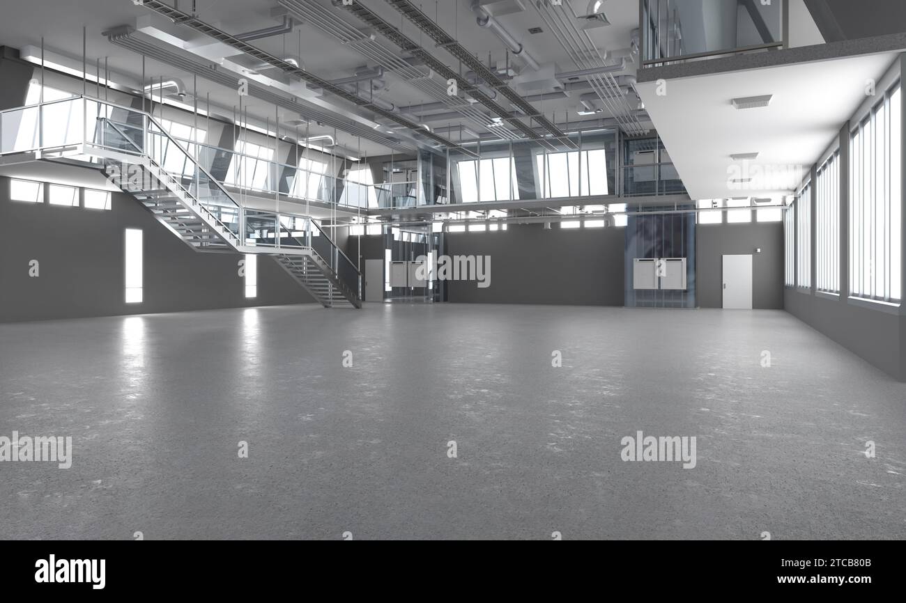 3d rendering laboratory interior or manufacturing factory with machine, computer screen and  desks Stock Photo