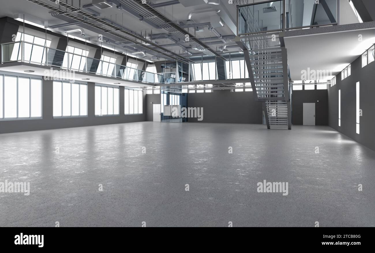 3d rendering laboratory interior or manufacturing factory with machine, computer screen and  desks Stock Photo