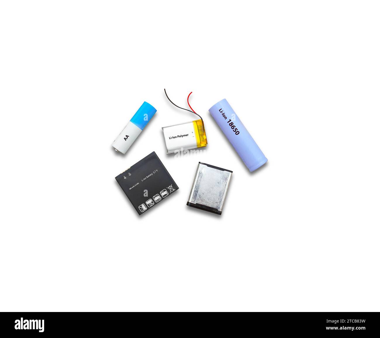 Lithium ion battery group various sizes on white background , Battery technology concept Stock Photo