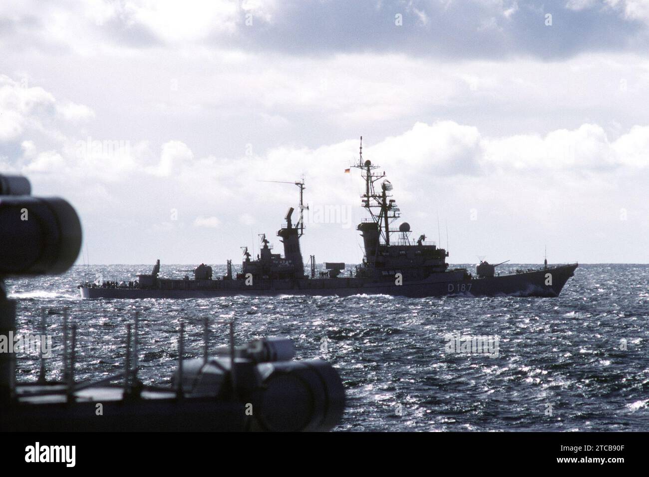 West German destroyer Rommel (D187) underway in the Atlantic Ocean in ...
