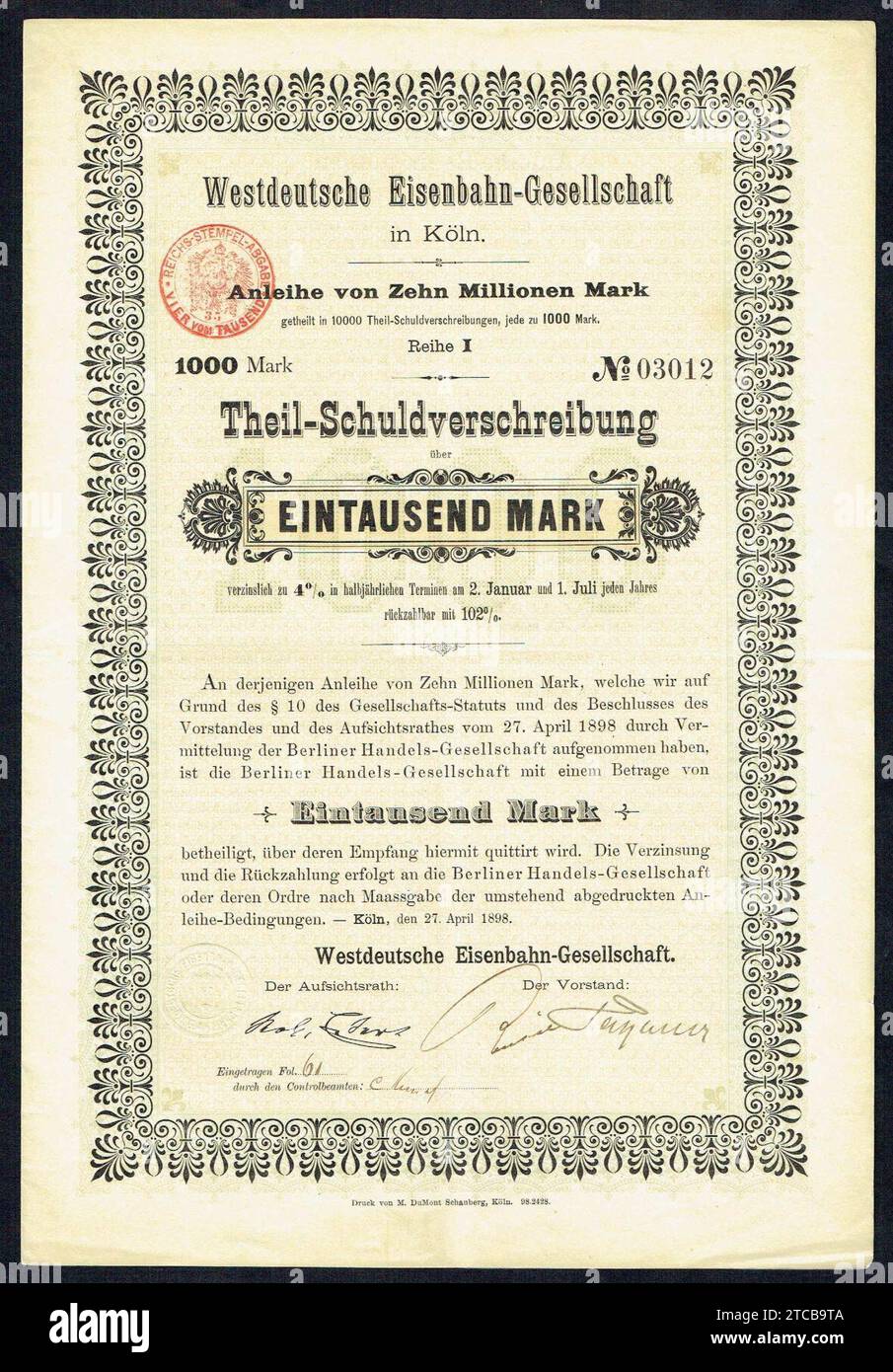 Westdeutsche Eisenbahn-Gesellschaft 1898. Stock Photo