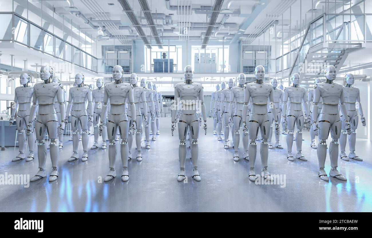 3d rendering robot assembly or group of cyborgs in factory Stock Photo ...