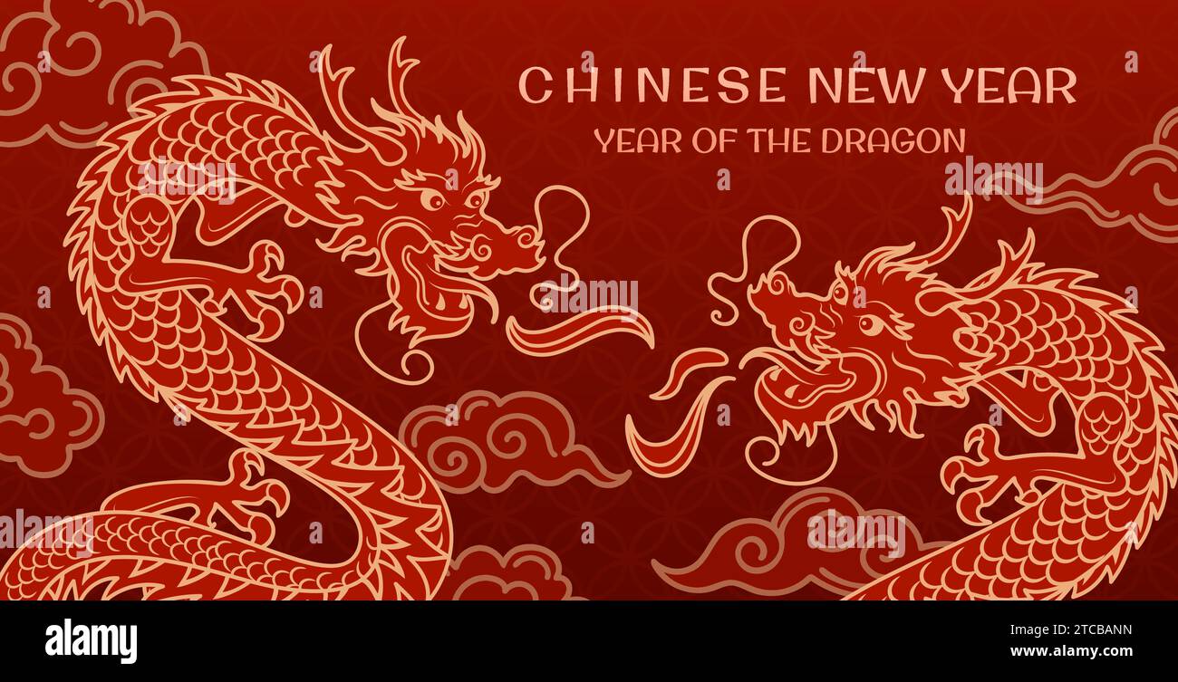 Chinese dragons fighting in the clouds. New Year of the Wooden Dragon. Banner with gold Antique pattern, Asian style. Bright horizontal vector banner. Stock Vector