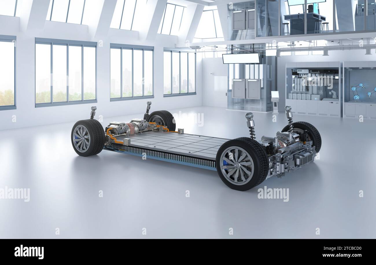 Electric car research and development with 3d rendering  ev car with pack of battery cells module on platform in laboratory Stock Photo