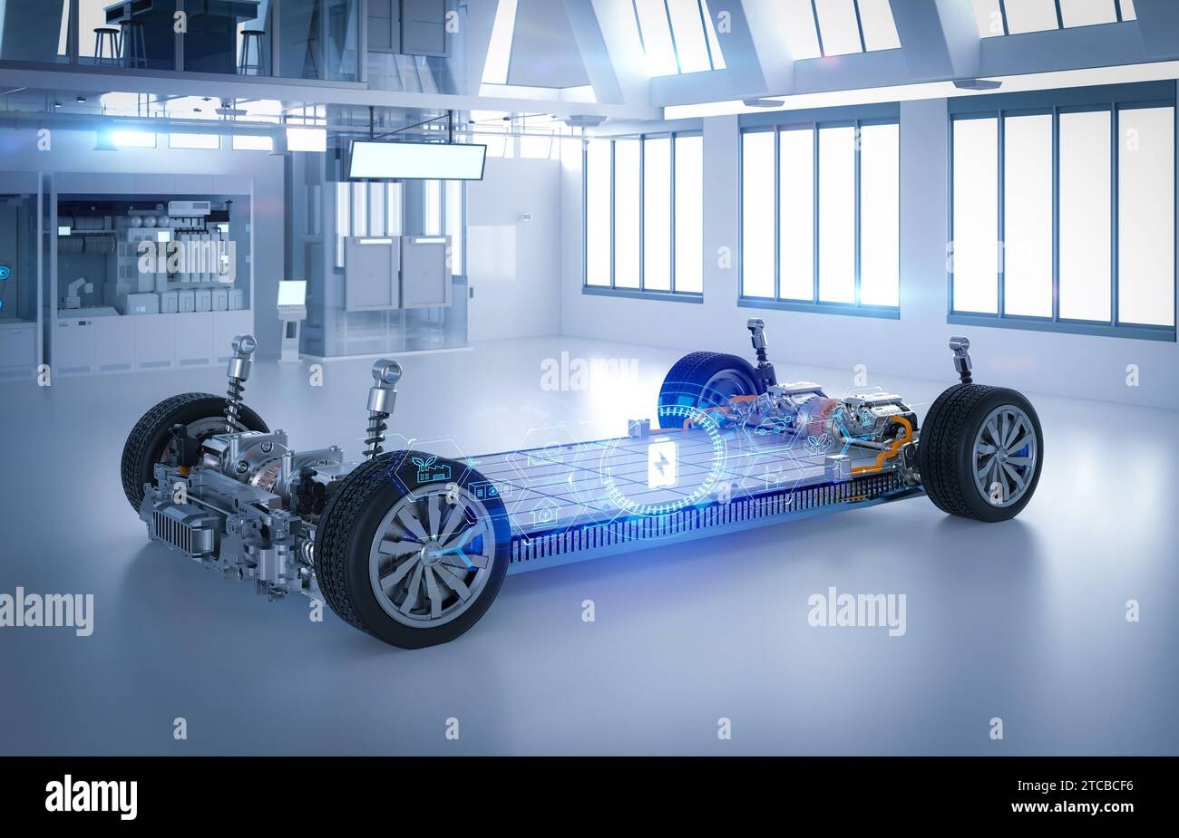 Electric car research and development with 3d rendering  ev car with pack of battery cells module on platform in laboratory Stock Photo
