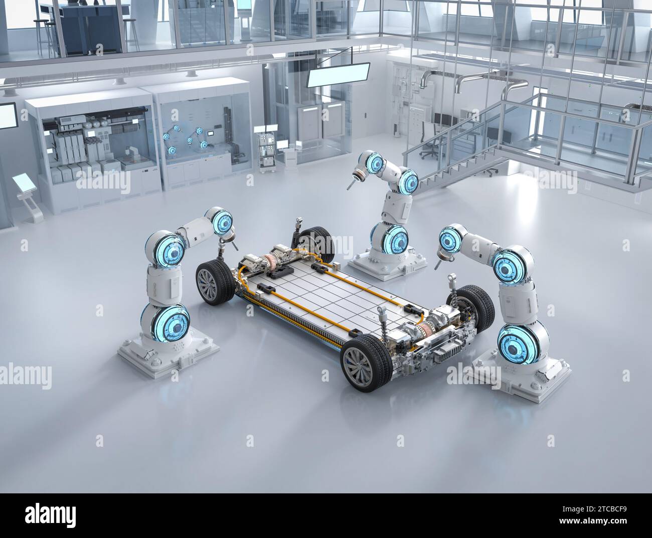 Automation automobile factory concept with 3d rendering robot assembly line with electric car battery cells module on platform Stock Photo