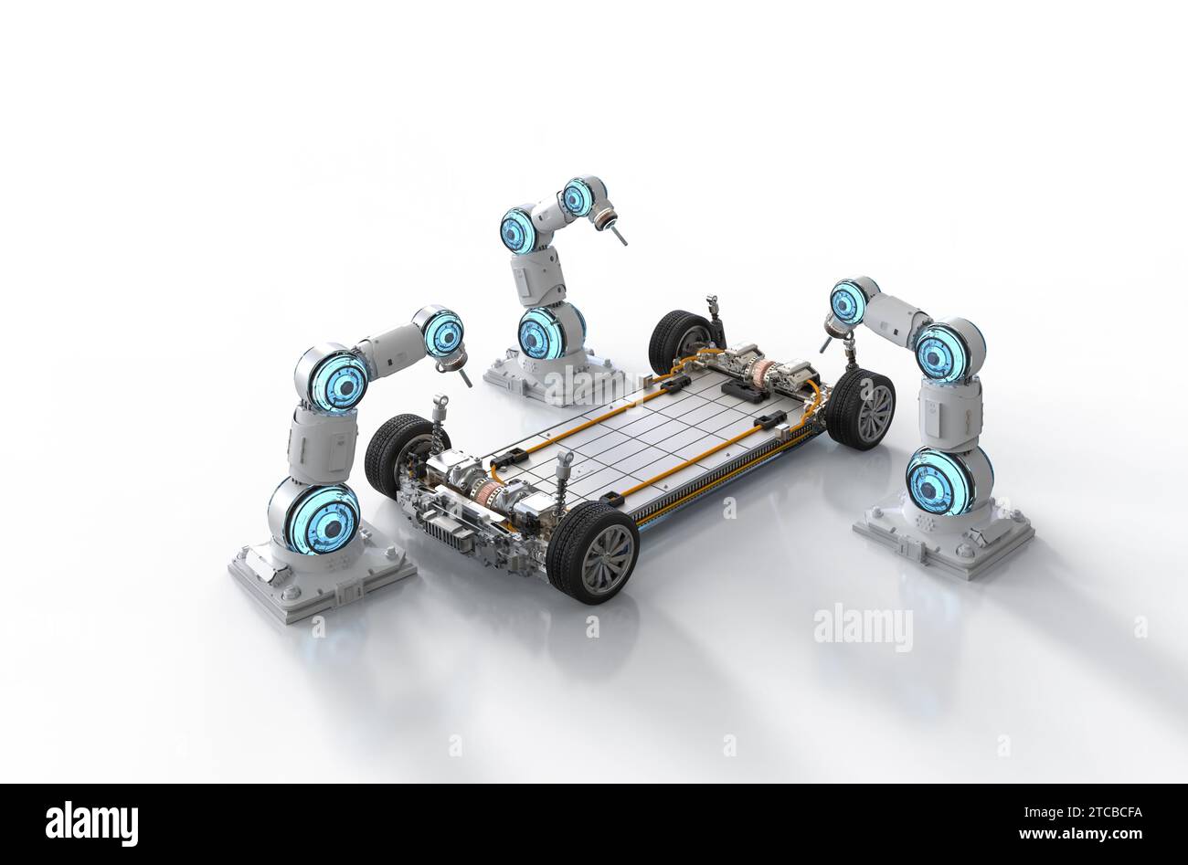 Automation automobile factory concept with 3d rendering robot assembly line with electric car battery cells module on platform Stock Photo