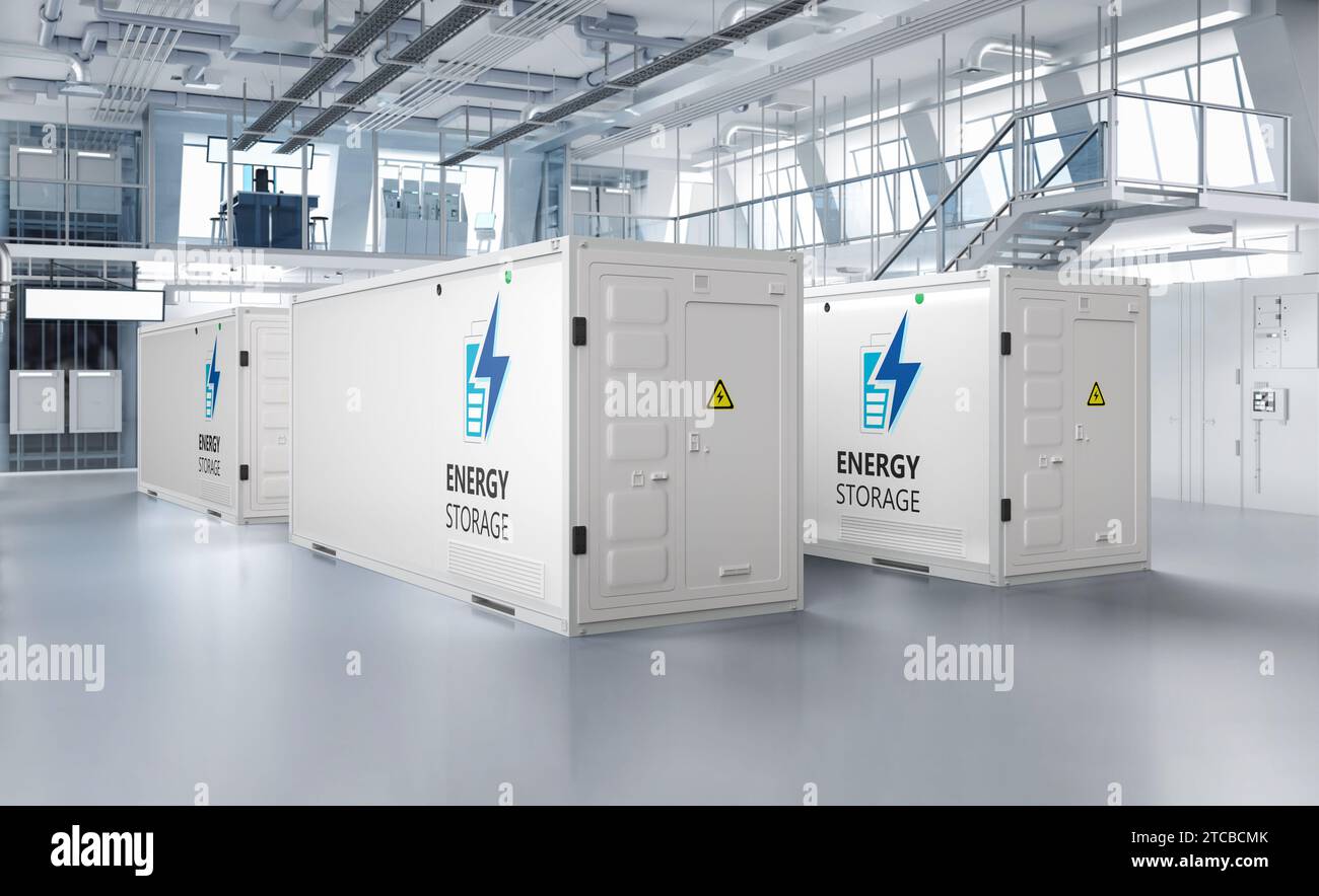 3d rendering amount of energy storage systems or battery container units in factory Stock Photo