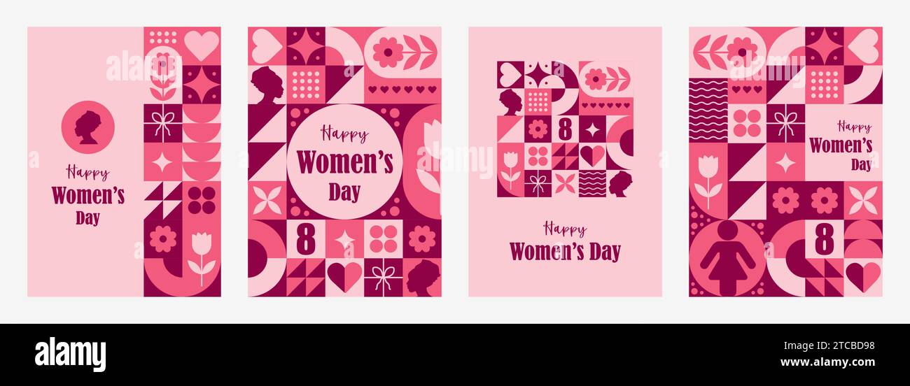 International womens day cards. Set of modern geometric backgrounds for 8 march. Abstract pattern with red shapes. Vector illustration in trendy Stock Vector