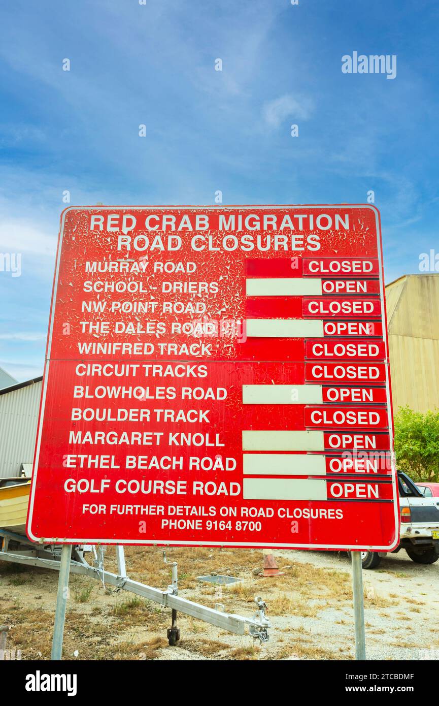 Red crab migration road closures sign, Christmas Island, Australia