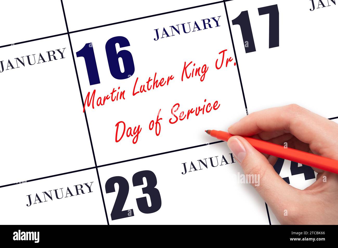 January 16. Hand writing text Martin Luther King Jr. Day of Service on calendar date. Save the date. Holiday. Day of the year concept. Stock Photo