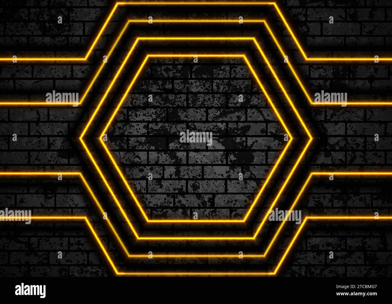 Orange neon technology lines on black brick grunge wall. Abstract vector background Stock Vector