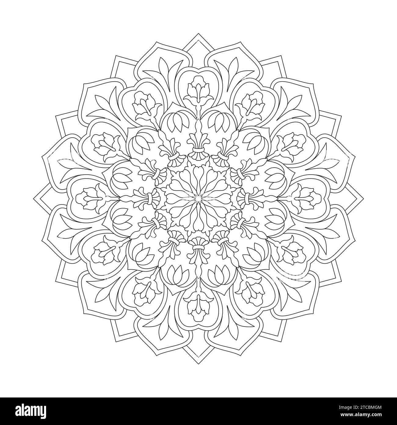 Zen blossoms mandala colouring book page for KDP book interior. Peaceful Petals, Ability to Relax, Brain Experiences, Harmonious Haven, Peaceful Portray Stock Vector