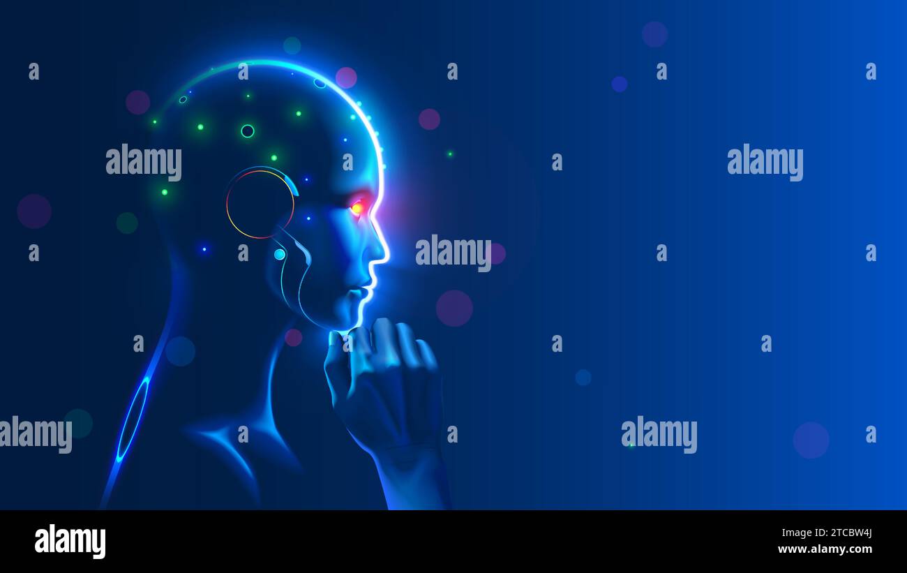 AI or artificial intelligence in image humanoid face head in profile view. AI solves problem. Bald head of artificial intelligence looks thoughtfully. Stock Vector