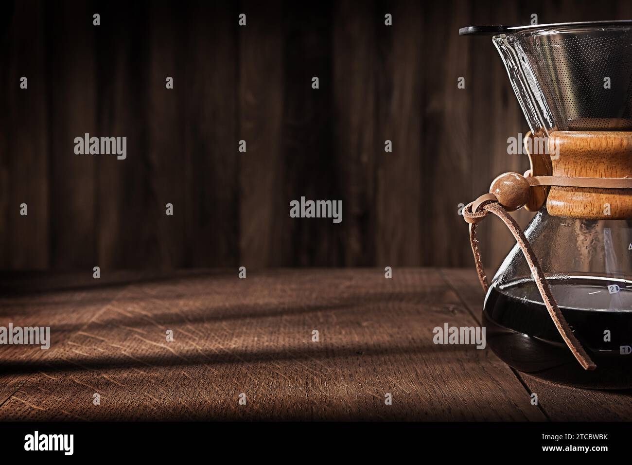 Copy Space Image. Glass Coffee Dripper. Hot Fresh Brewed Flavoured Coffee. Alternative Method To Make Delicious Flavoured Coffee Stock Photo