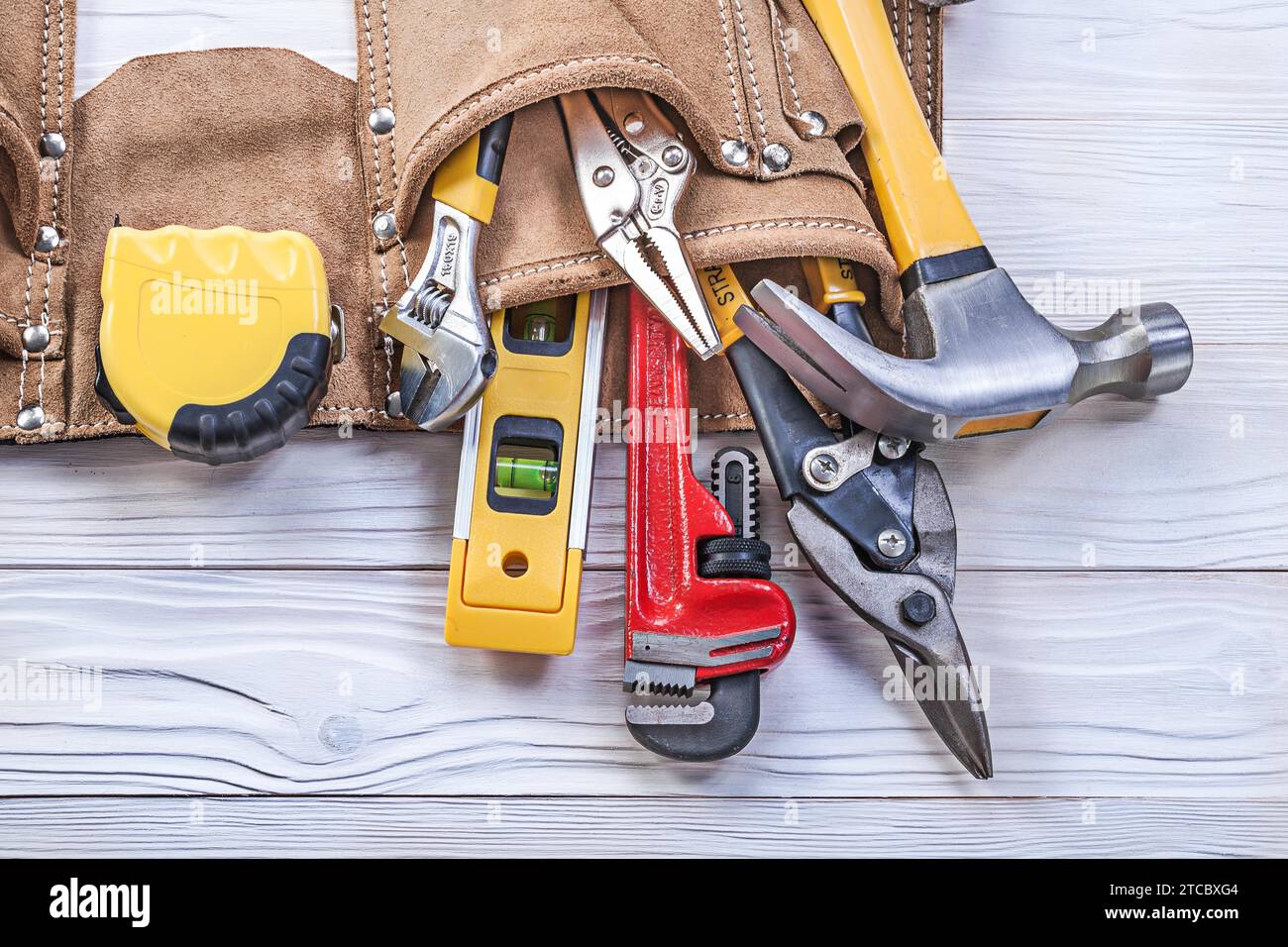Leather tool belt Pliers Building spirit level Tape measure Spanner