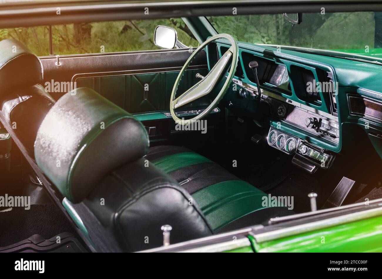Old vintage green car vehicle interior. concept vintage Stock Photo