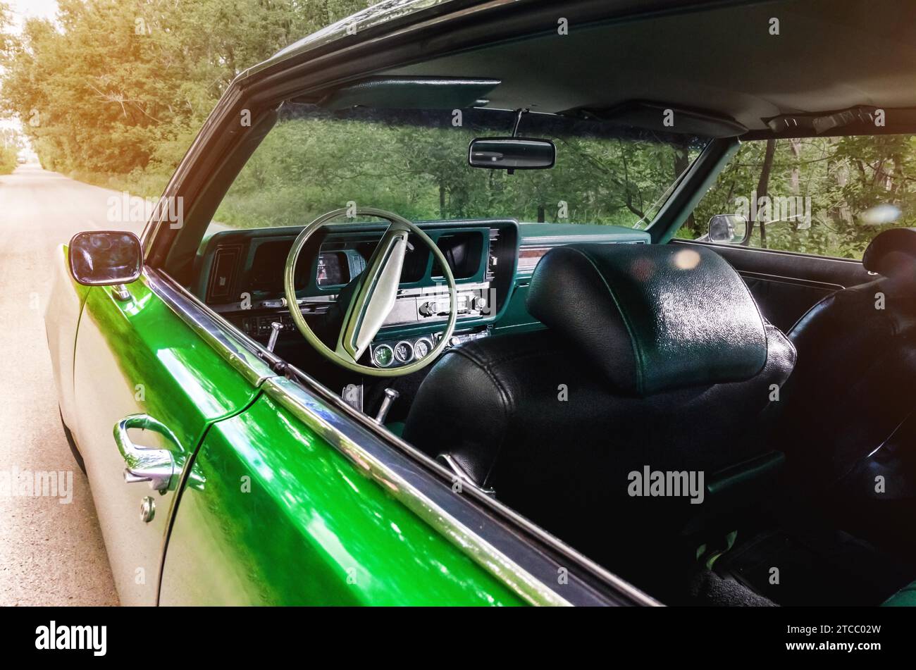 Old vintage green car vehicle interior. concept vintage Stock Photo