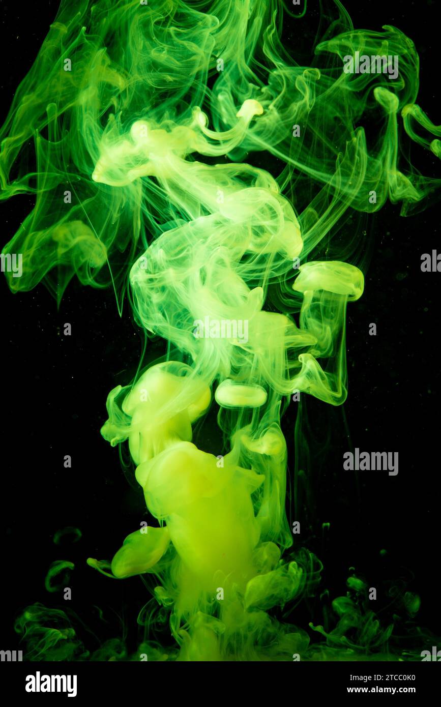 Green paint dissolves in water isolated on black background. Abstract