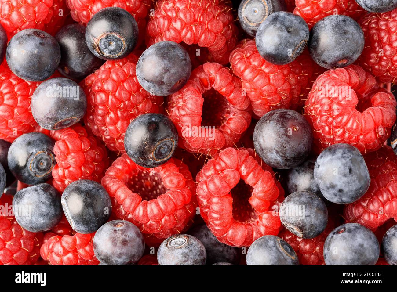 Fresh raspberries and blueberries together mix. Background blue and red