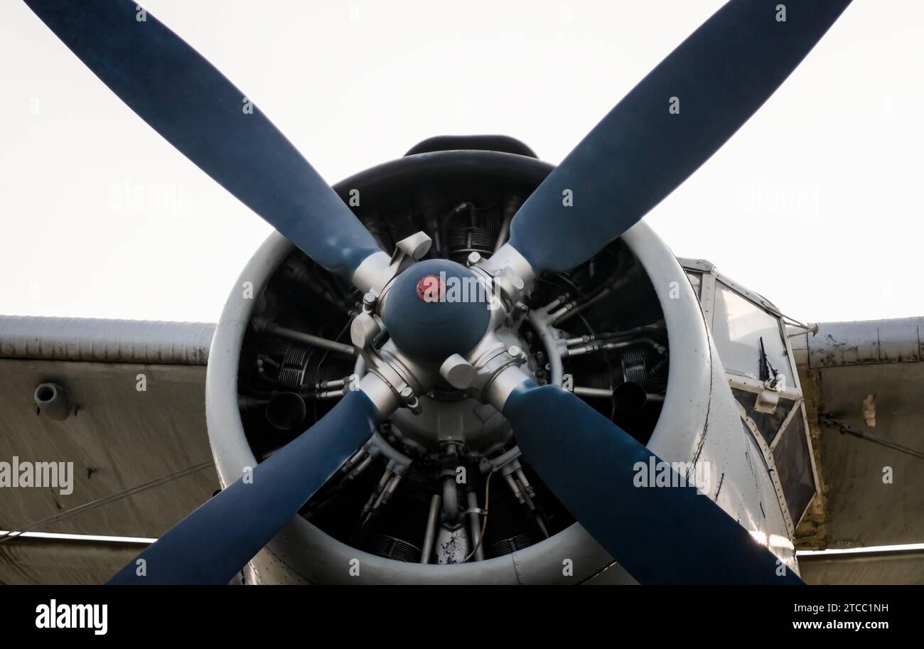 Pilot cabin propeller and wing of an old vintage airplane isolated on ...