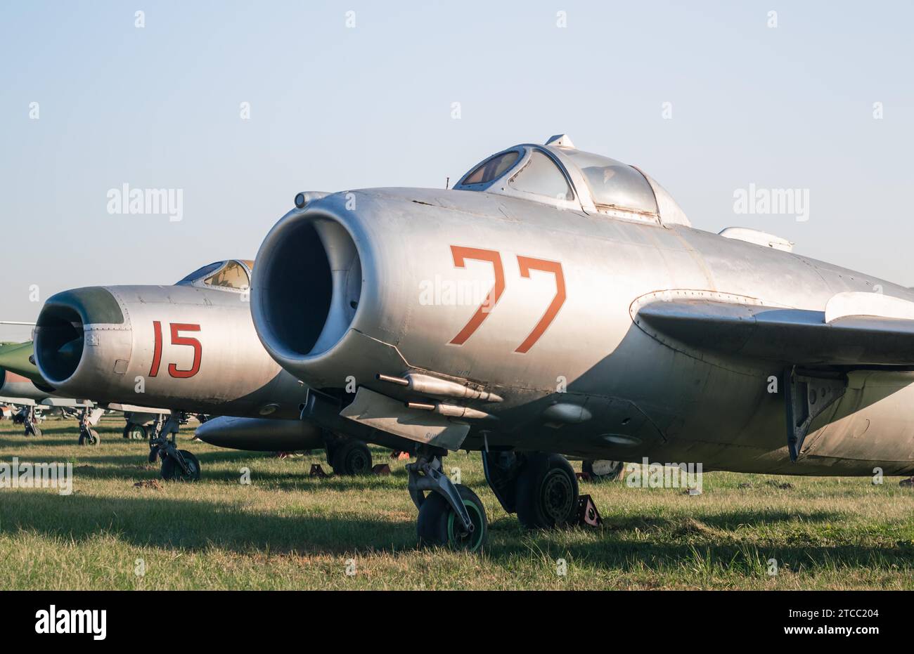 Old soviet army military fighter aircraft at the airport at a museum exhibition Stock Photo