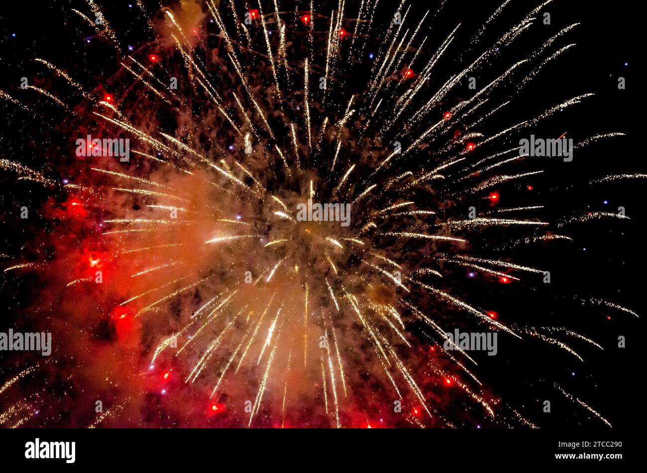 Holiday celebration flash of colorful fireworks in the black night sky Stock Photo
