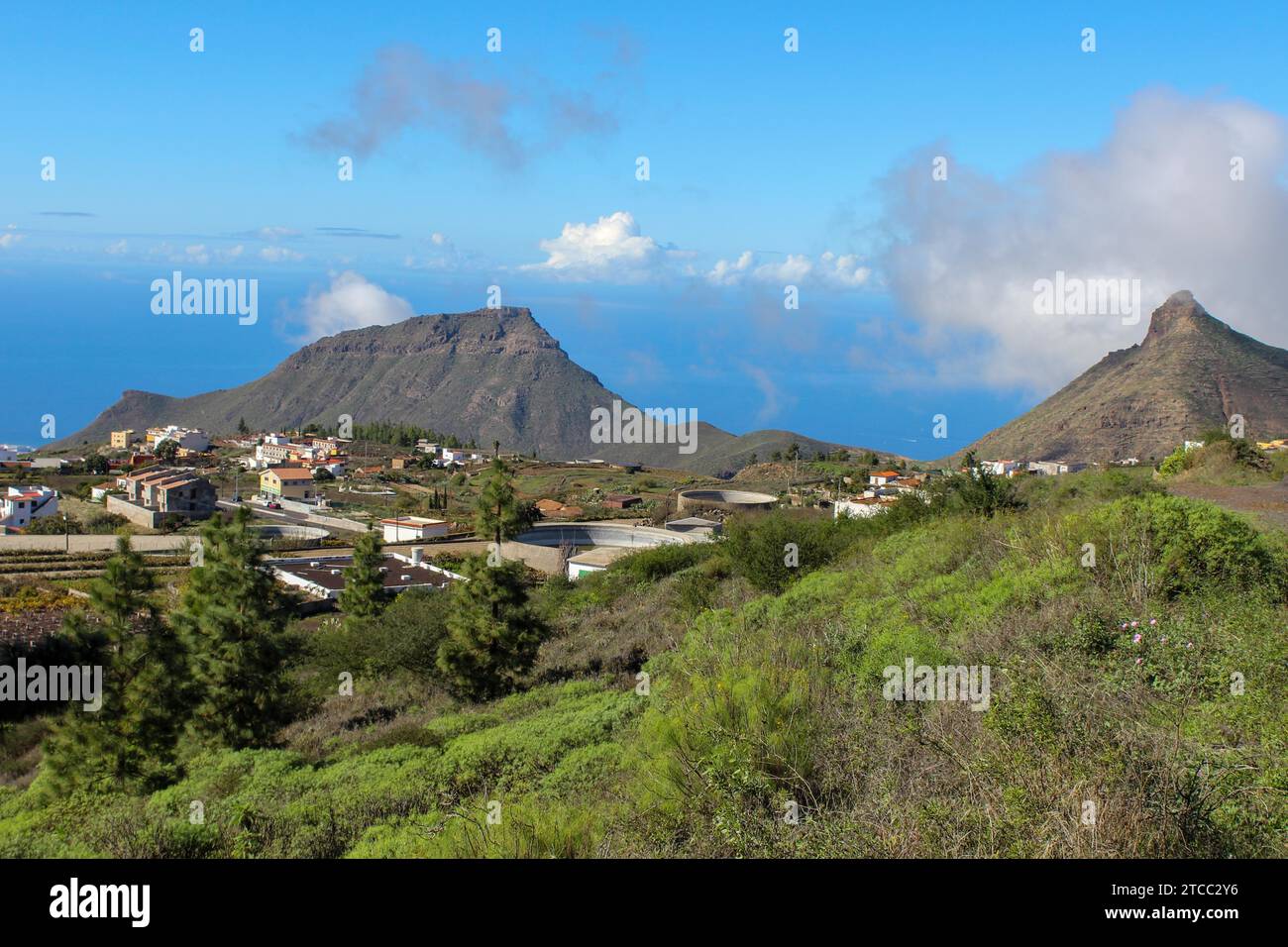Landscape with green plants in the front, houses and mountains in background on Canary Island Tenerife Stock Photo