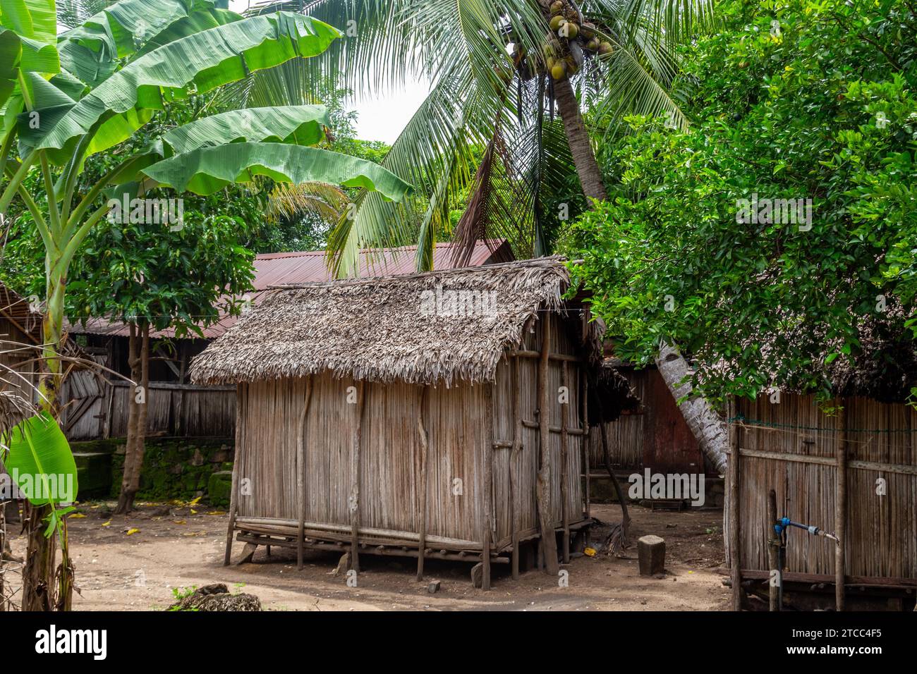 Poor village with wooden cottages at Lokobe nature strict reserve in Madagascar, Nosy Be Stock Photo